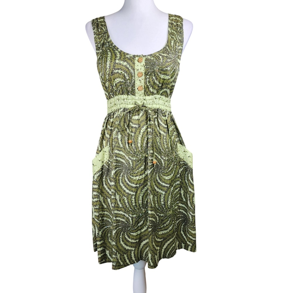 River Island Beaded Dress Womens 6 Racer Back‎ Green Swirl Pockets Boho Festival